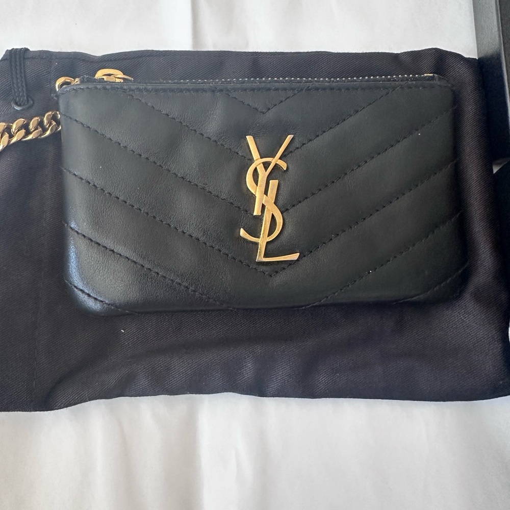 Yves Saint Laurent authentic Black Quilted Clutch with Gold Logo